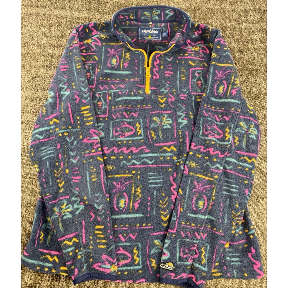 Womens Chubbies Neon Pineapple Palm Tree Fish Fleece 1/4 Zip Pullover Size Large
